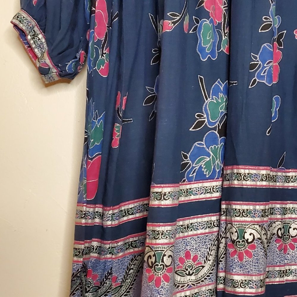 Night Spirits Navy Pink and Silver Floral Long Sleeve Indian Hippie Folk Dress - Picture 6 of 9